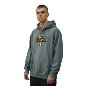 Nintendo Super Mario Bros Hoodie Men's‎ 2XL Gray Pullover Sweatshirt Retro Gamer